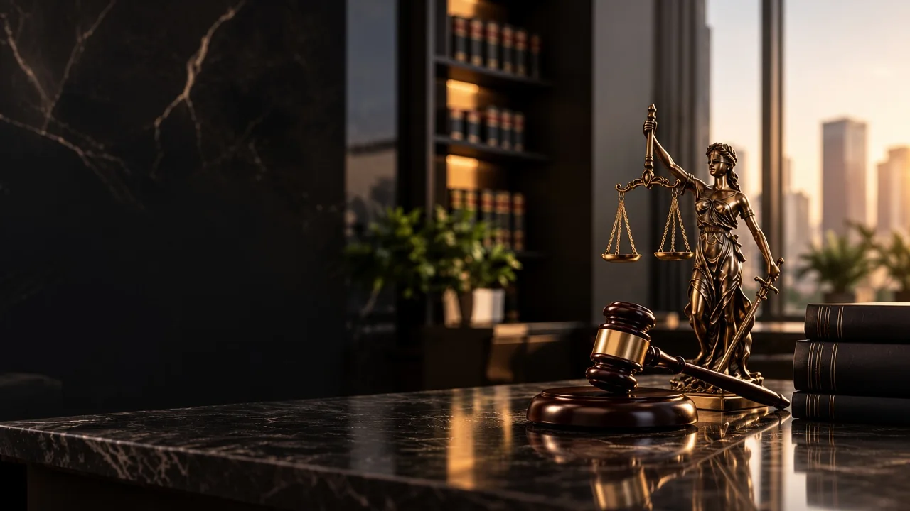 Lady Justice, scales and law books in warm window light